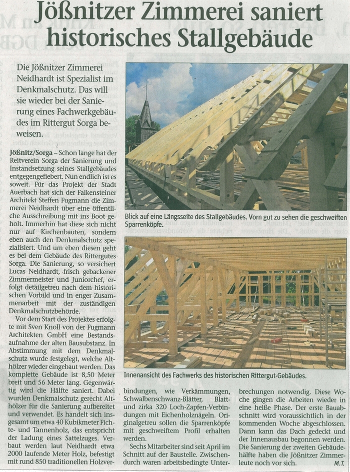 Zeitungsartikel Sanierung Fachwerkgebäude im Rittergut Sorga